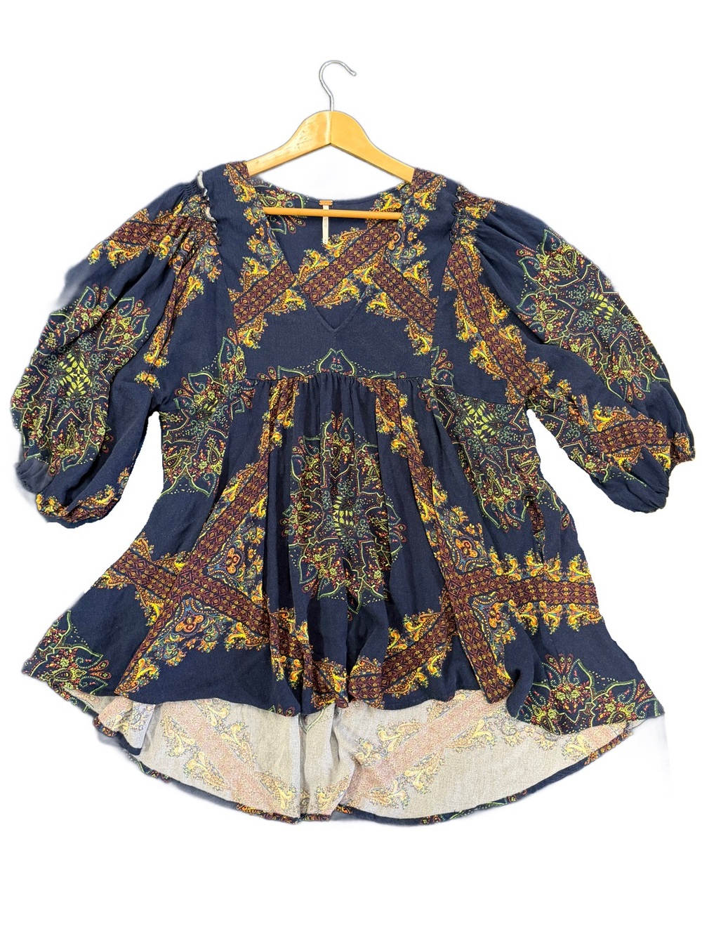 Free People Girl Talk Navy Paisley Printed Babydoll Tunic Top Mini Dress Size M